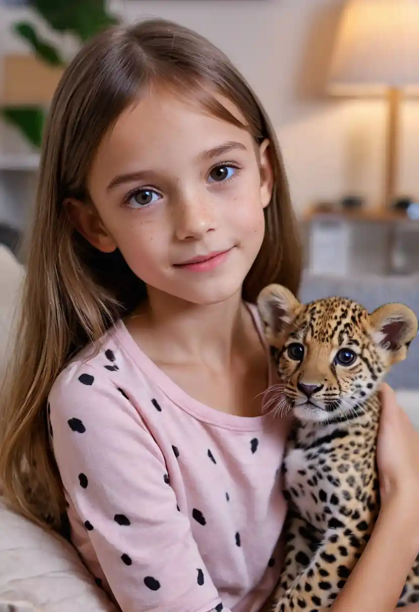 A young girl plays with her puppy in the living room