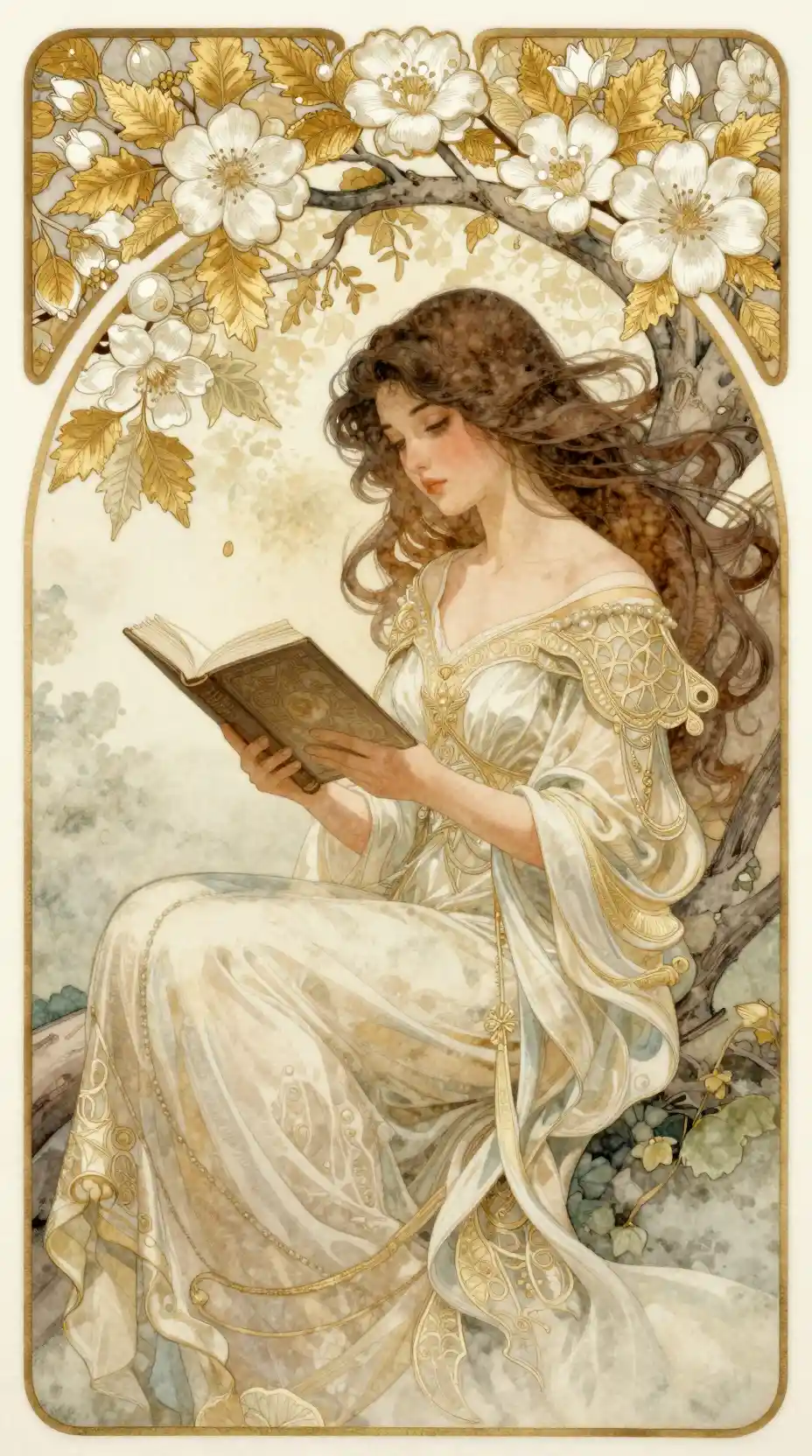 A woman reads beneath a flowering branch in an ornate gown