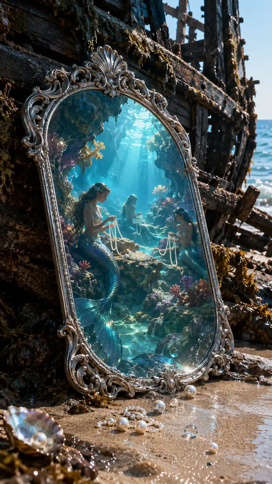 An ornate silver-framed mirror rests against an old shipwreck
