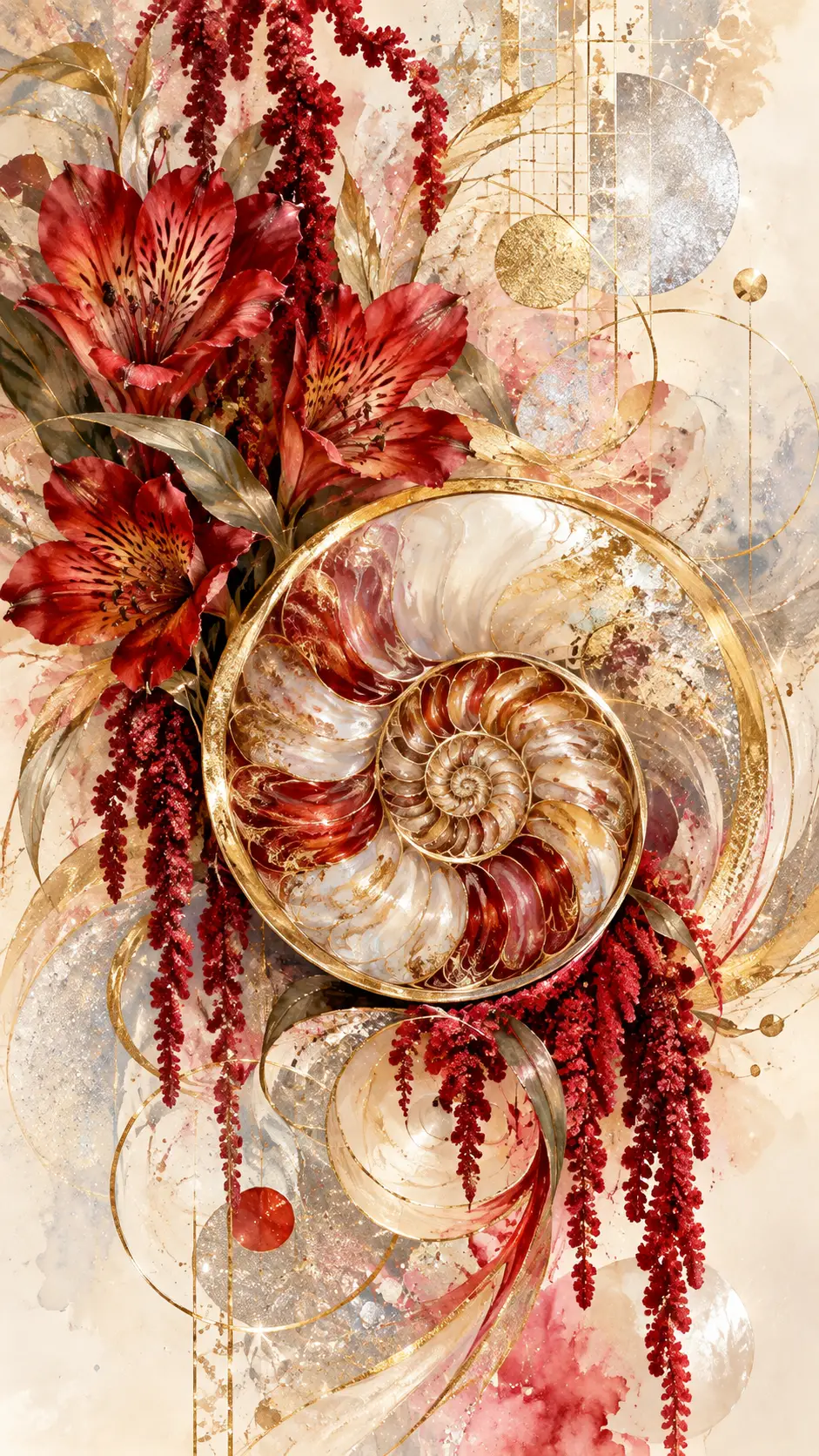 An abstract ammonite artwork with red flowers and golden accents