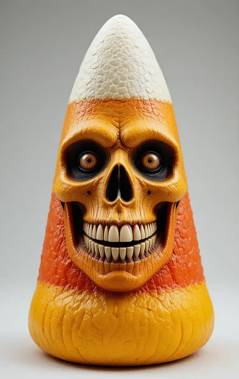 A candy corn skull creature grins with spooky eyes