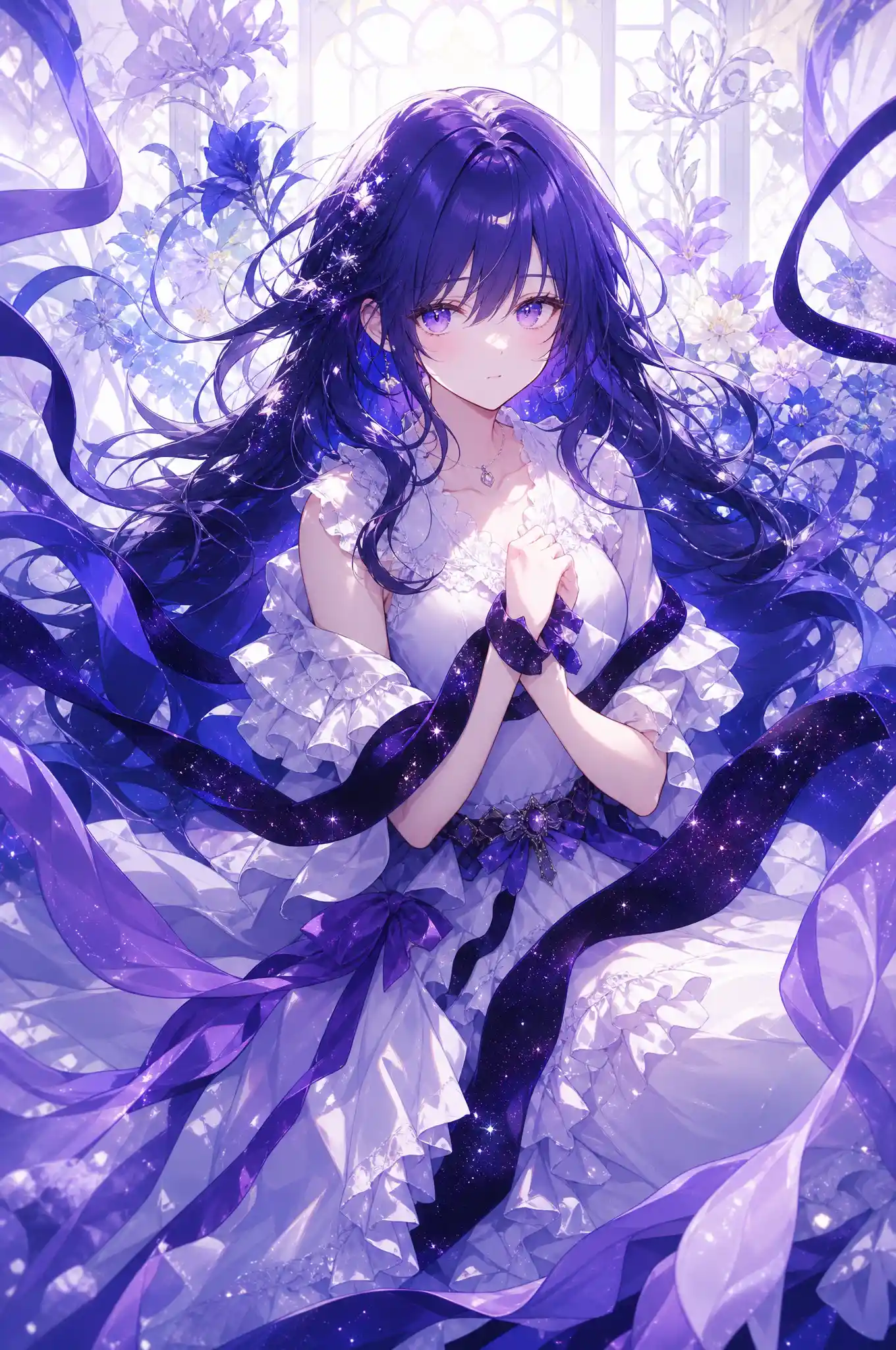 A young woman sits amid starry darkness in a luminous interior