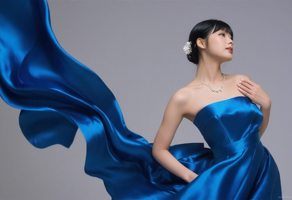 Japanese woman standing in a flowing blue satin prom dress