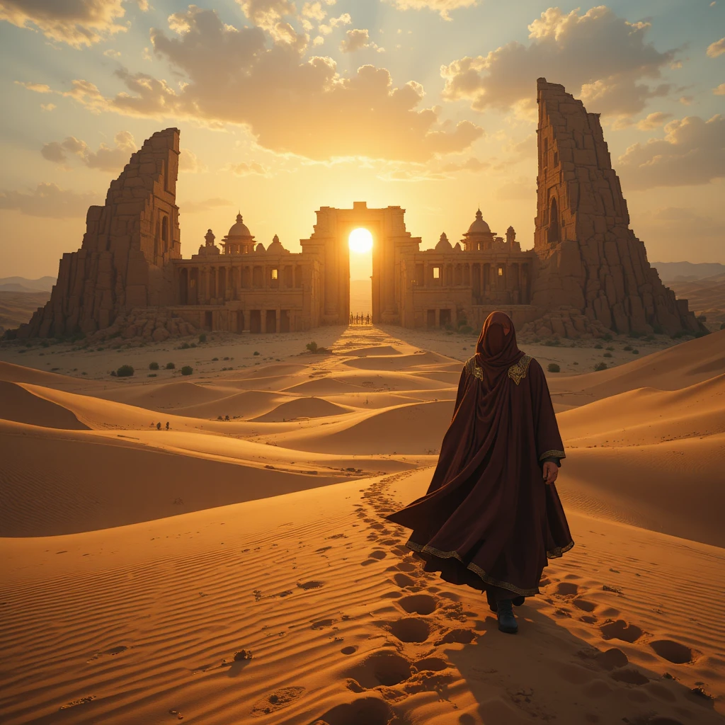 Un voyageur vêtu de robes traverse les dunes du désert au coucher du soleil, sous d’anciennes ruines