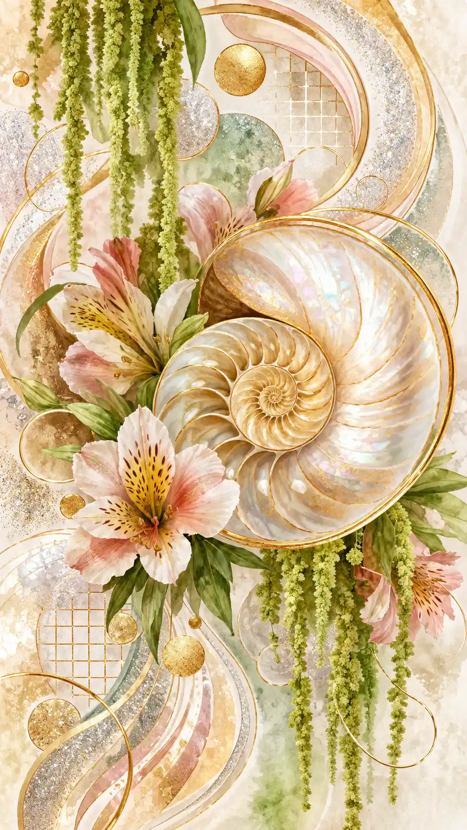 A pearl toned ammonite among flowers and golden abstract swirls