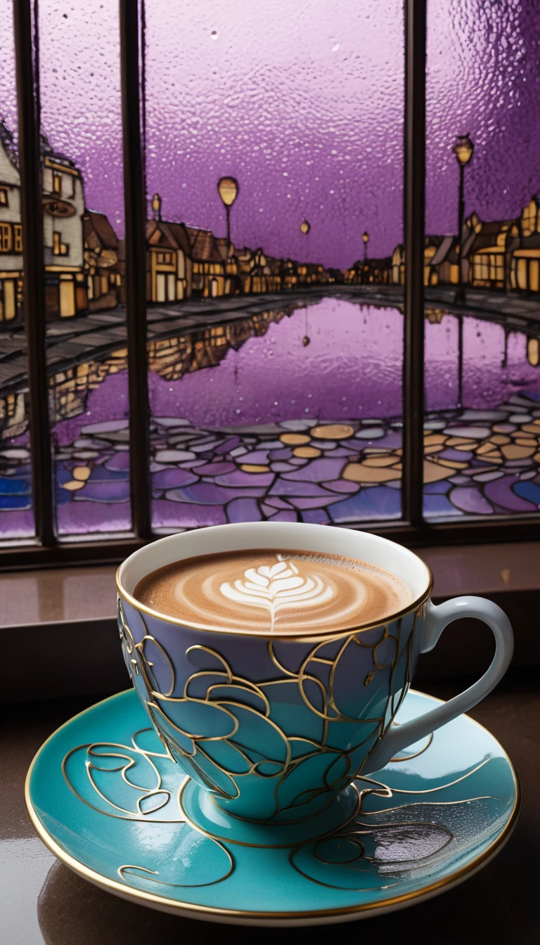 A Porcelain Cup Reflects a Rainy Café in a Chocolate Mirror