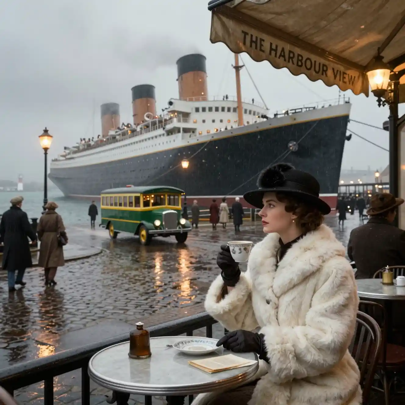 An aristocratic woman sits at a harbor cafe in the rain