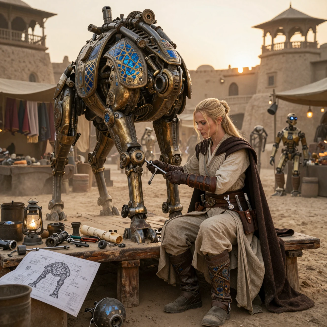 Una maestra Jedi bionda siede pensierosa in un laboratorio artigiano di un mercato nel deserto