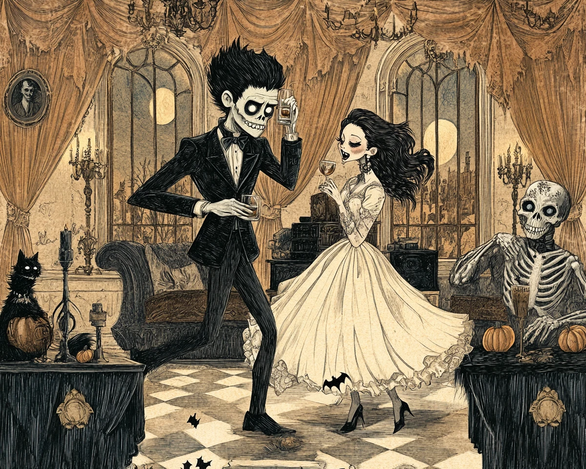 Classic monsters celebrate at a candlelit Gothic mansion Halloween party