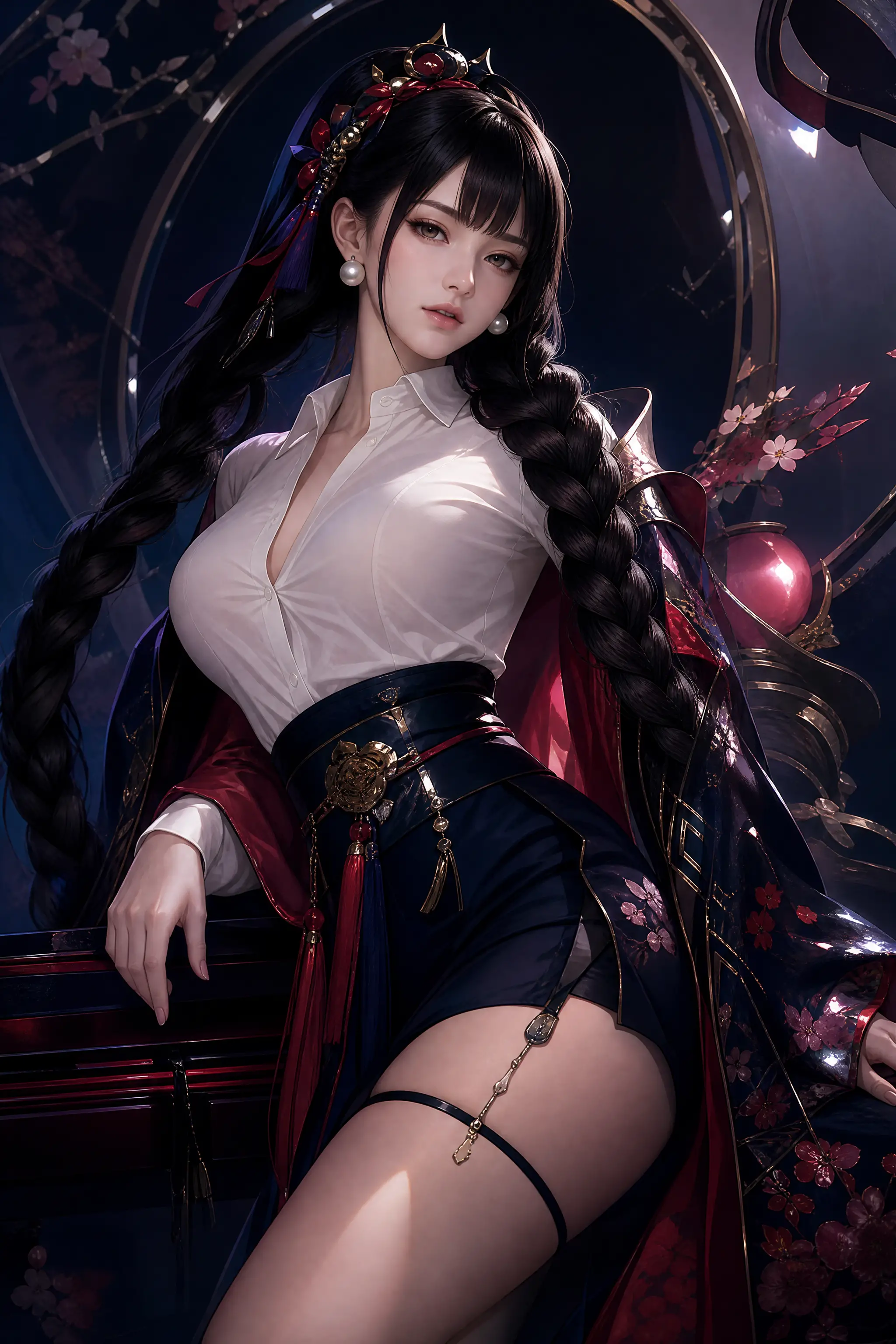 A Woman Poses in an Alluring Red and Blue Palette