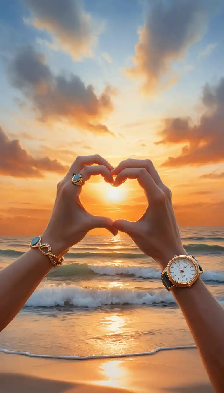 Two hands form a heart around an ocean sunset