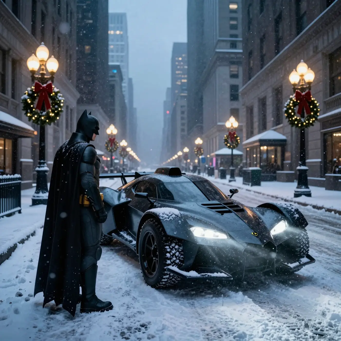 Batman Beside the Tumbler on a Snowy, Festive Gotham Avenue