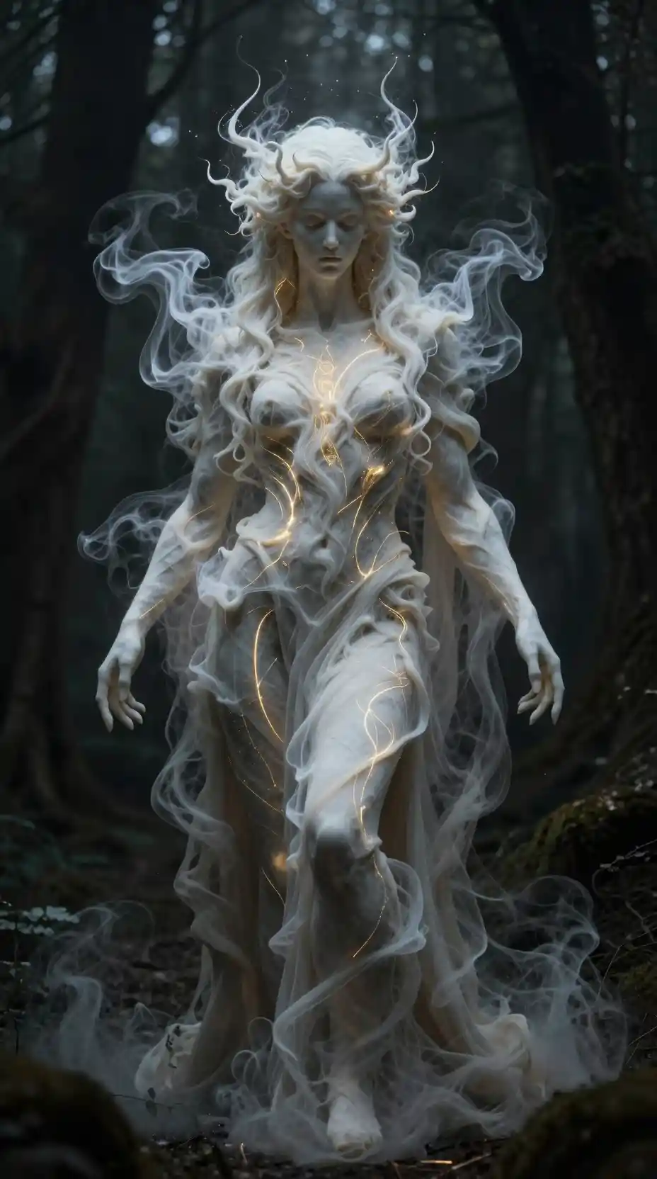 A Smoke Sculpted Deity Glows With Golden Lines In A Shadowed Forest