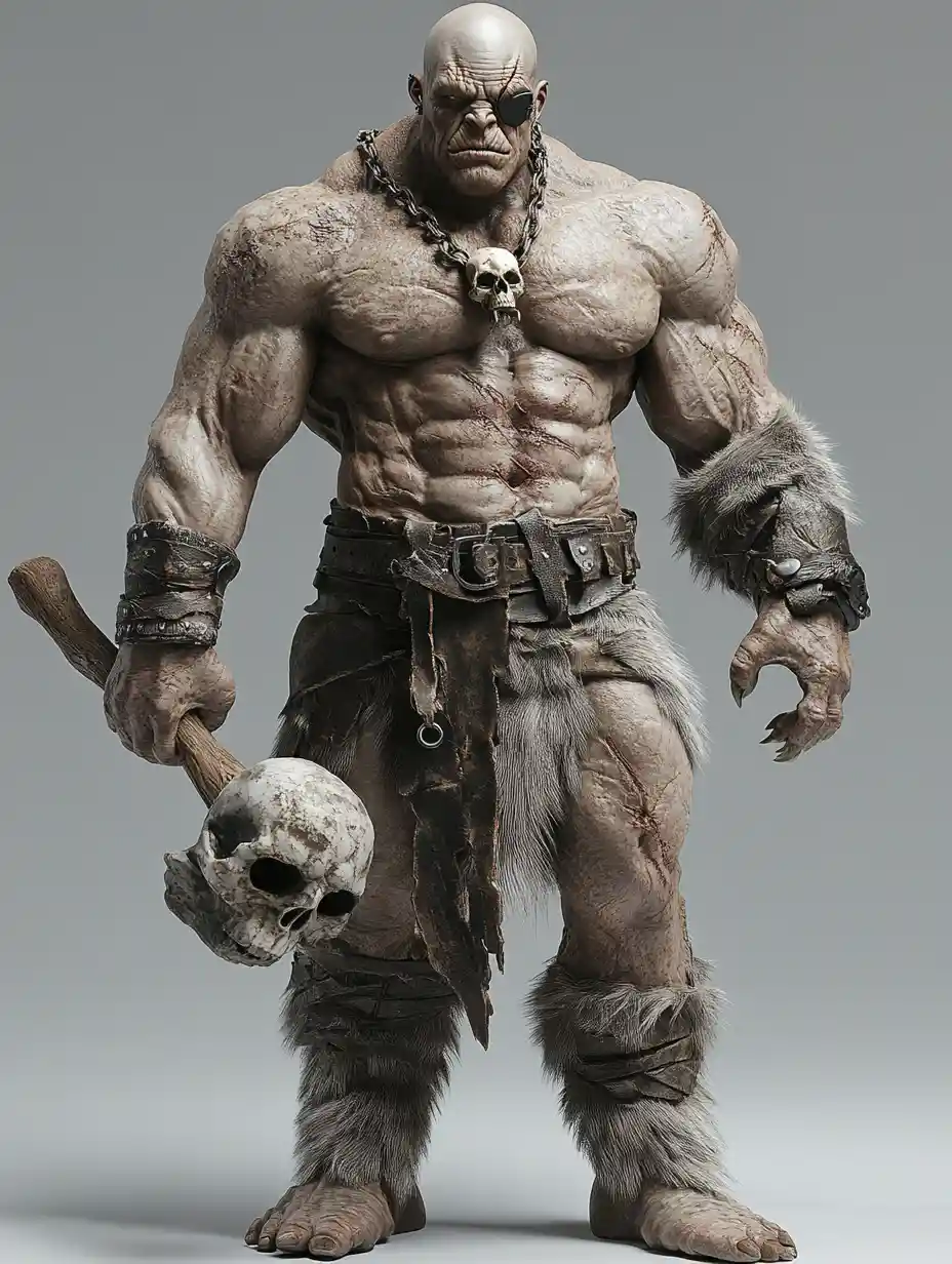 A muscular ogre carries a club with a skull necklace