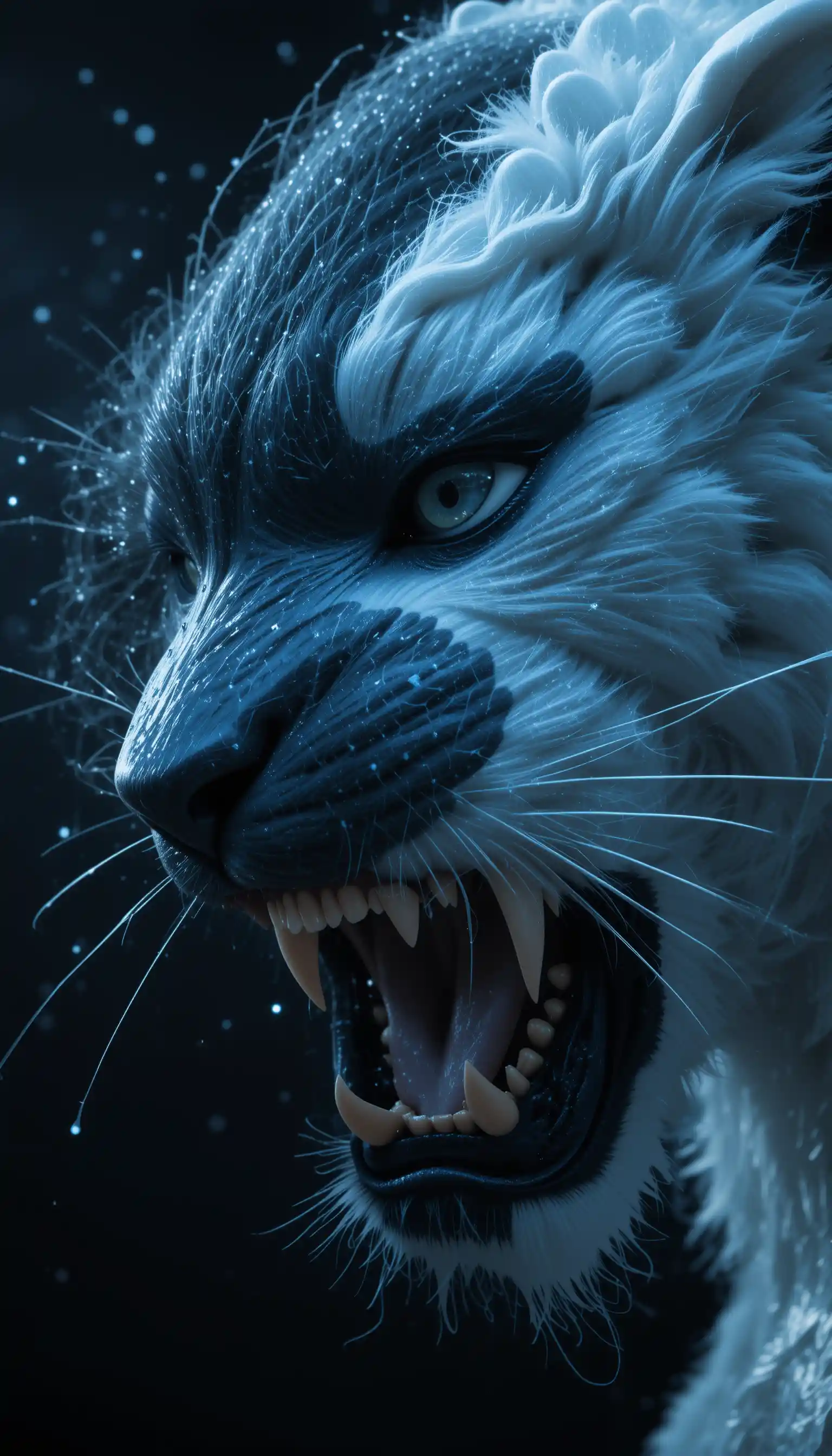 A split-face panther and puma roar in a dramatic extreme close-up