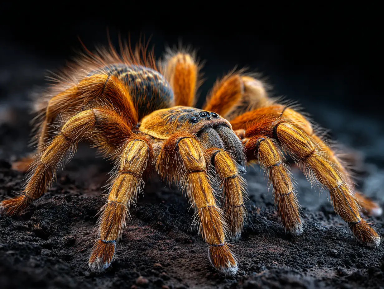 Orange baboon tarantula holds a defensive pose among dense silk tunnels