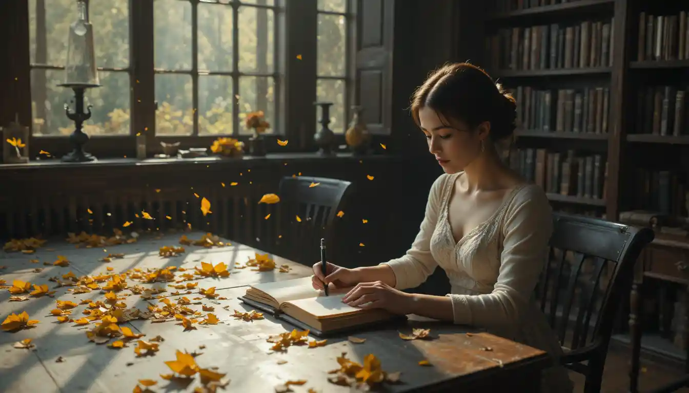 A woman reads as golden leaves become words in a secluded library