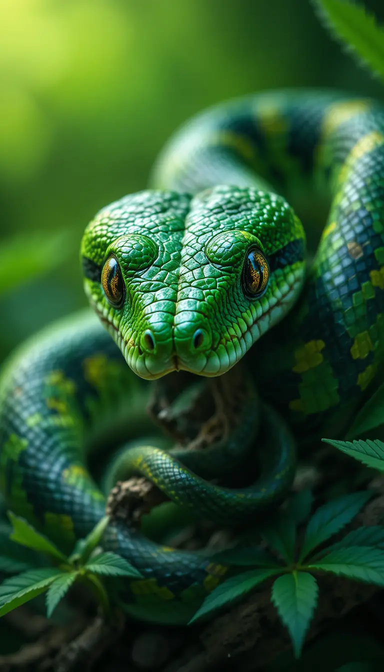 A green snake coiled around a branch with bared fangs
