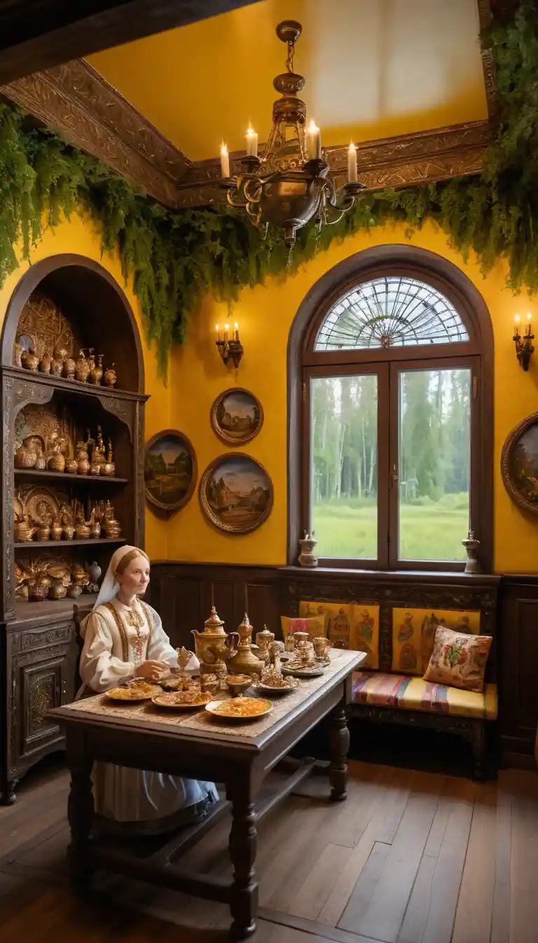 A tiny woman in Russian folk attire sits before a birch tree