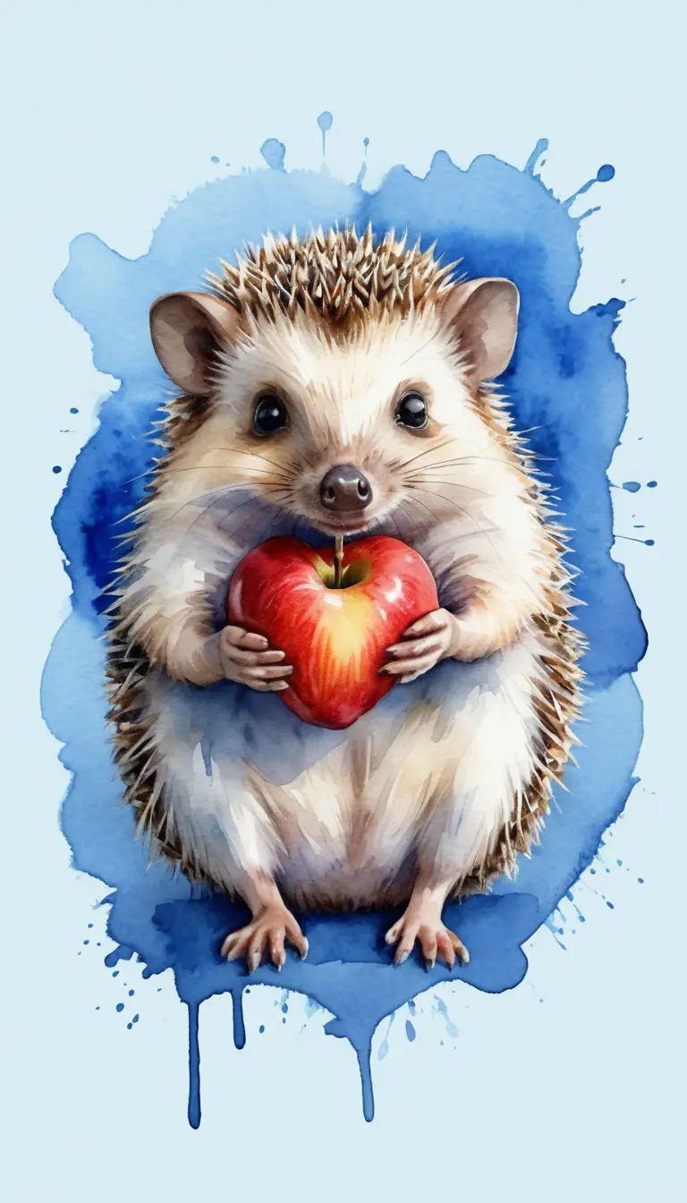 A hedgehog sits on a heart cut from an apple