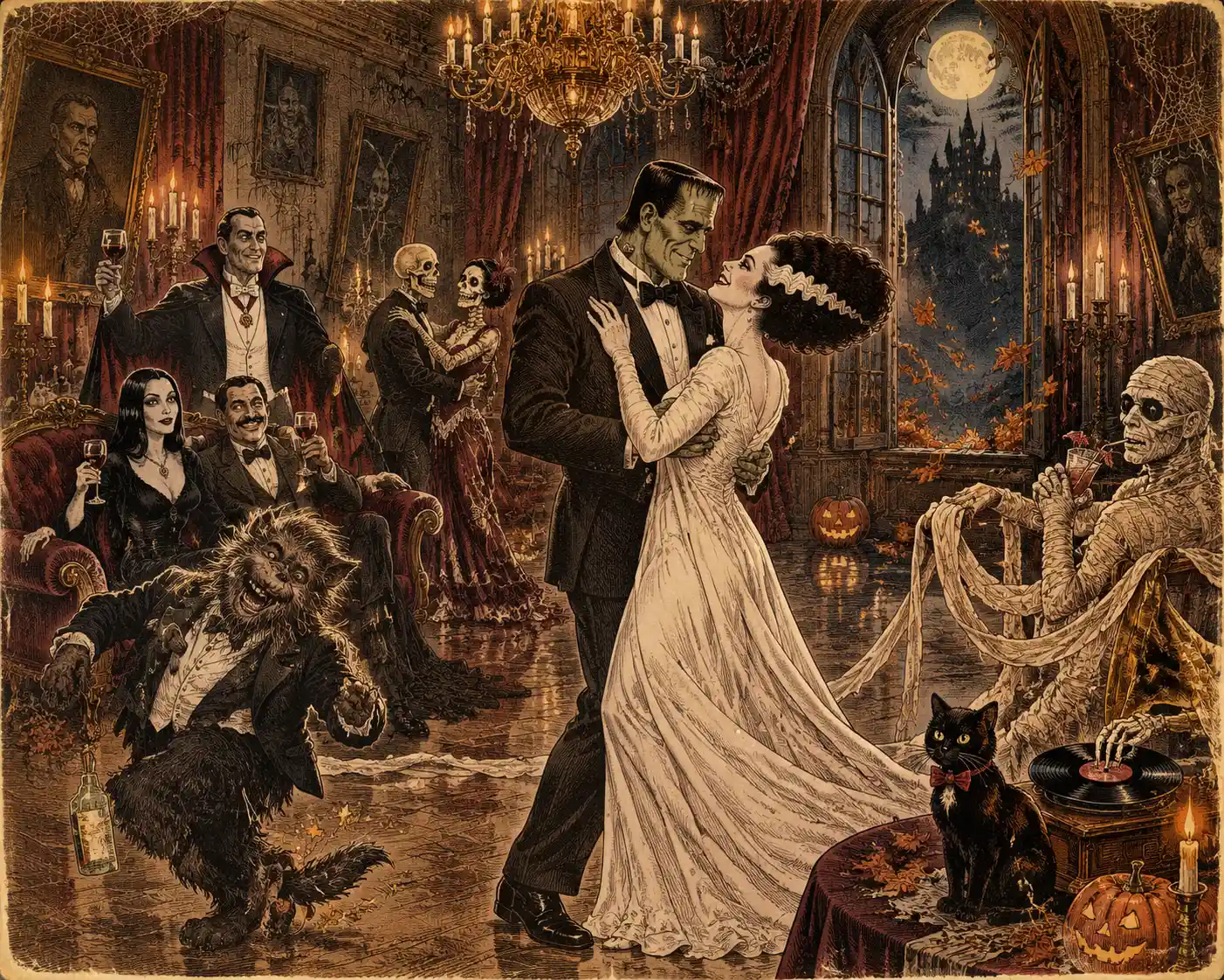 Classic monsters celebrate Halloween in a candlelit Gothic mansion ballroom
