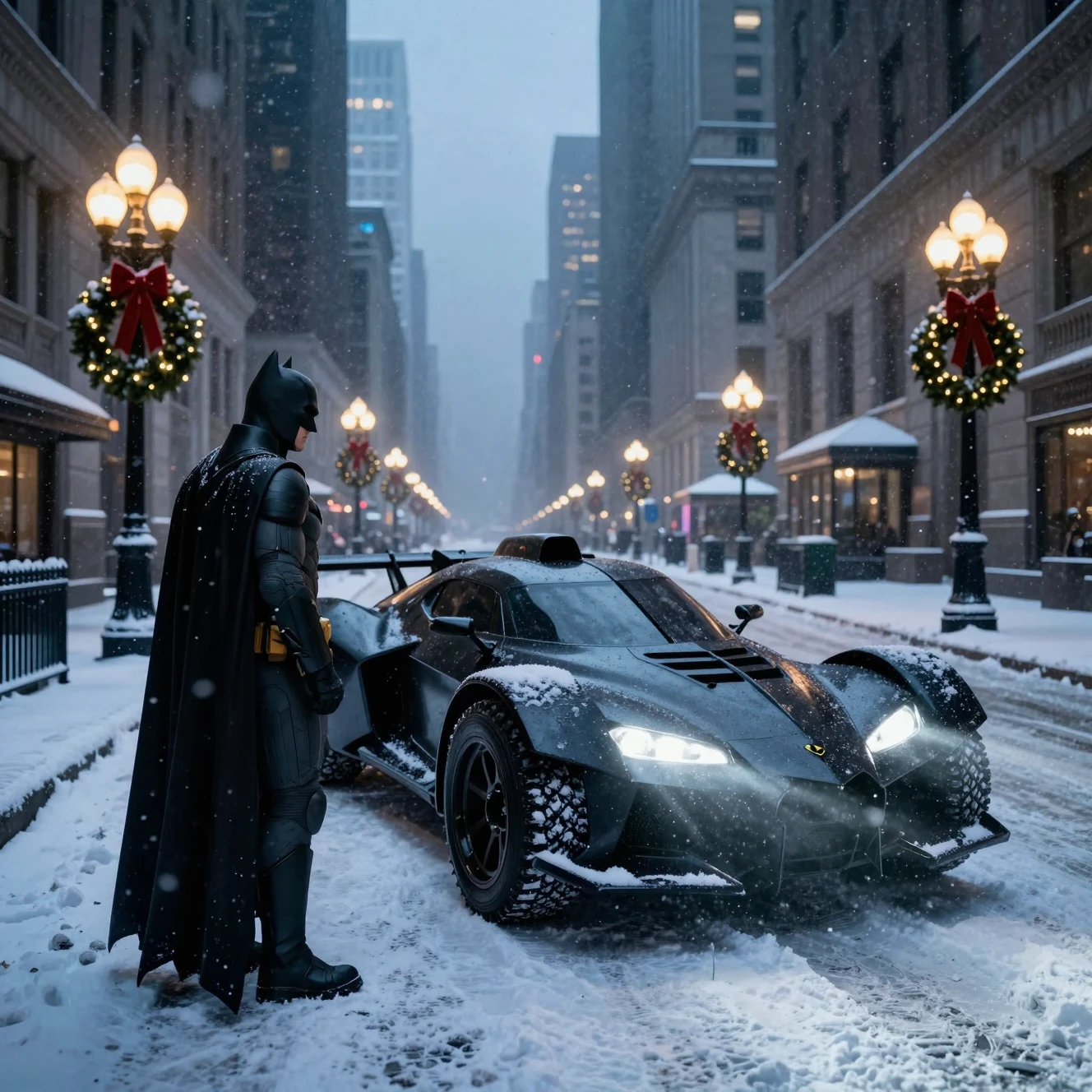 Batman Beside the Tumbler on a Snowy, Festive Gotham Avenue