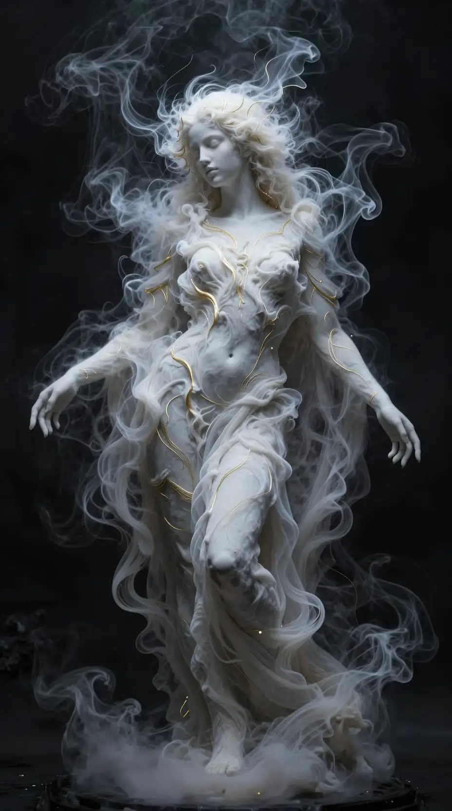 A smoke-bodied deity traced with radiant gold against blackness