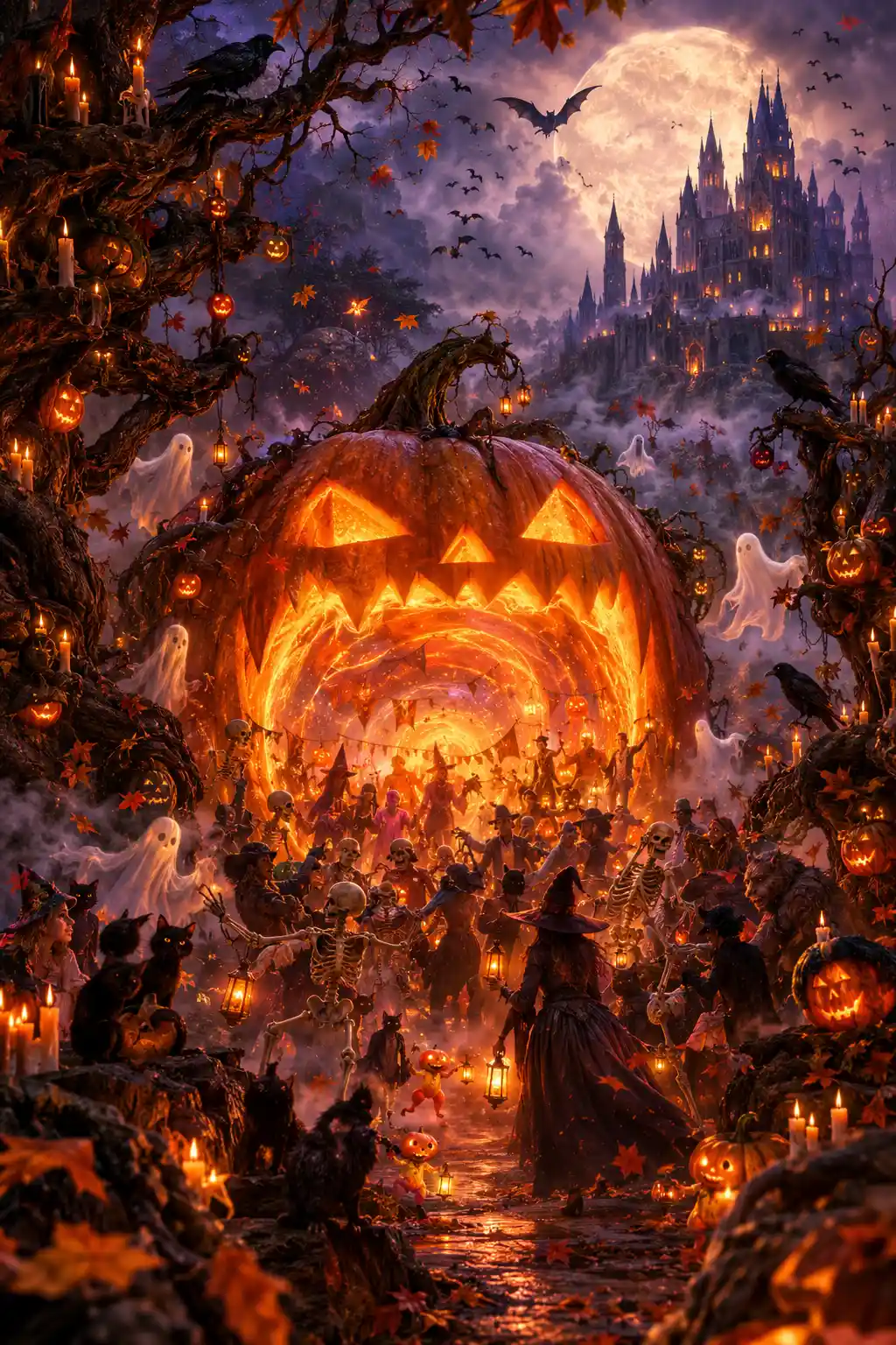 A glowing pumpkin portal stands at the center of a haunted forest