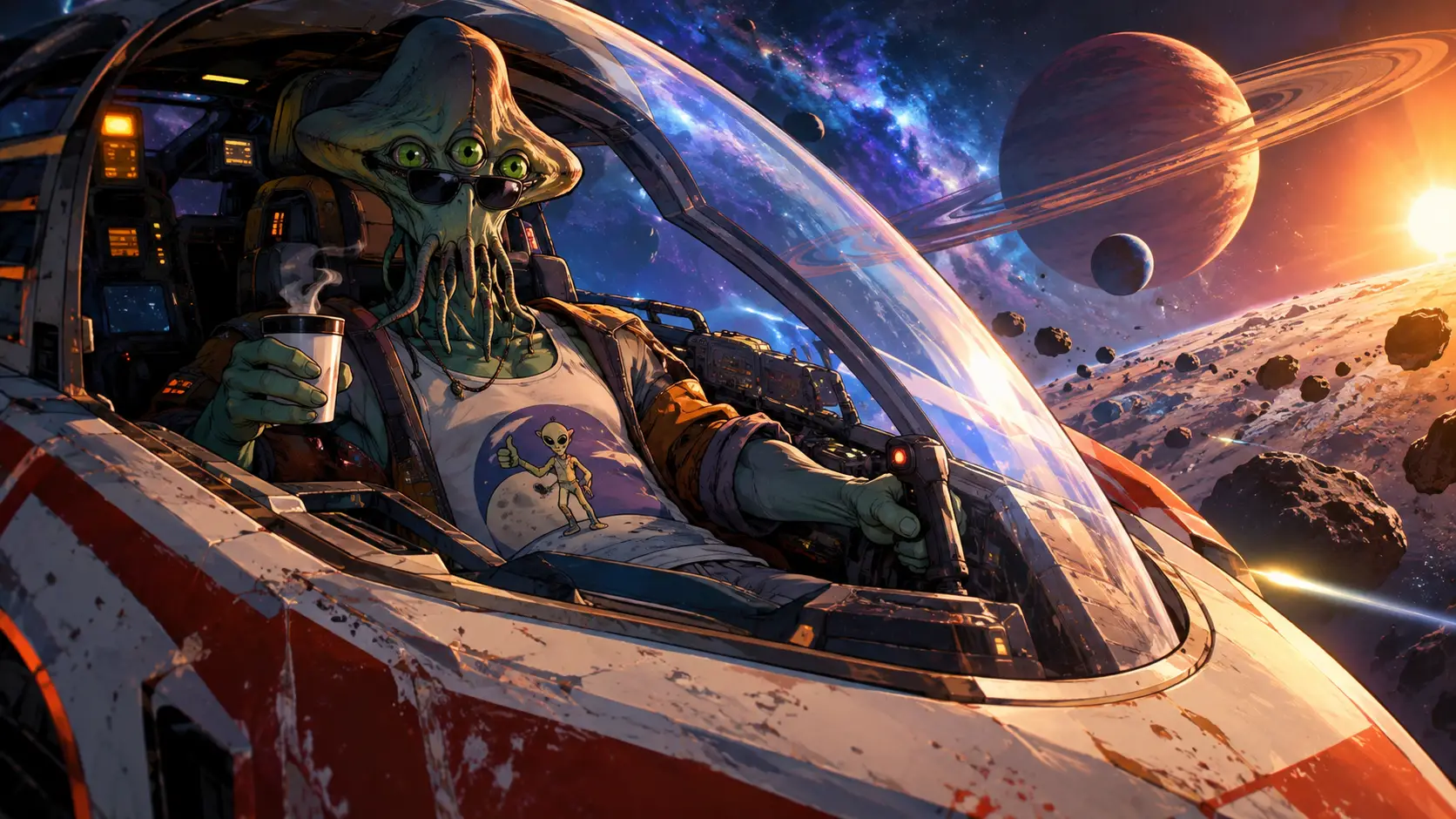 Relaxed Alien Pilot Flies a Small Craft Through a Solar System