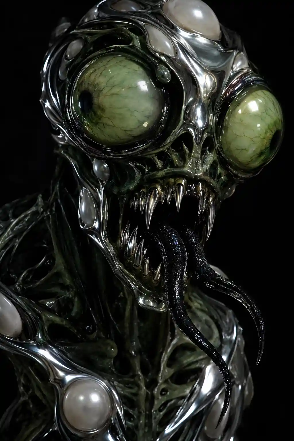 A biochemical alien monster with serpentlike tongues and chrome skin