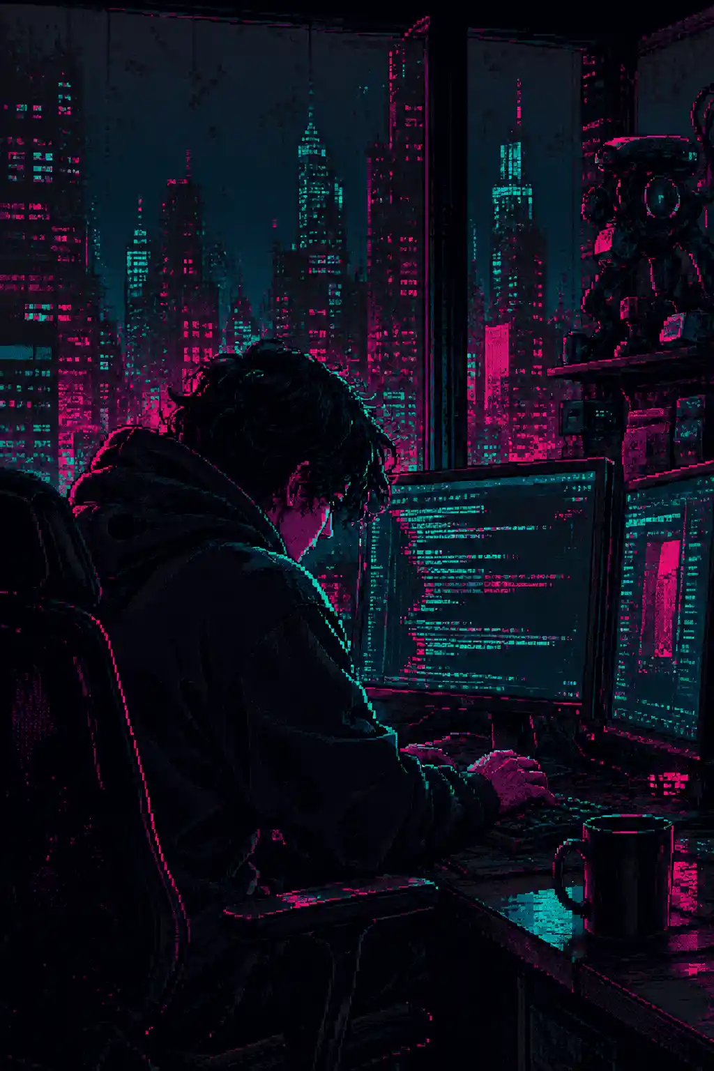 A programmer framed by futuristic neon at midnight