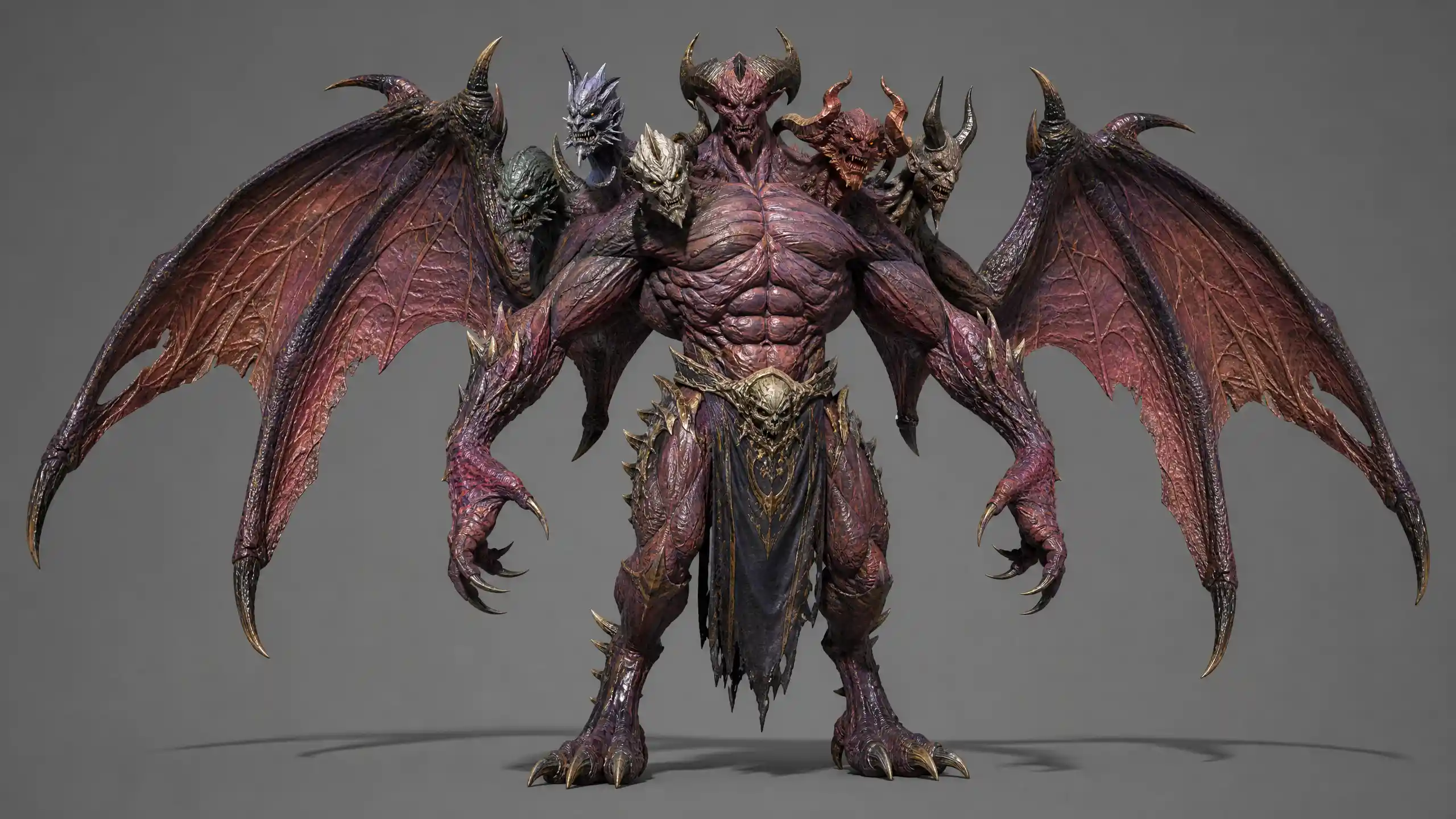 A muscular many-headed demon with long claws and broad leathery wings