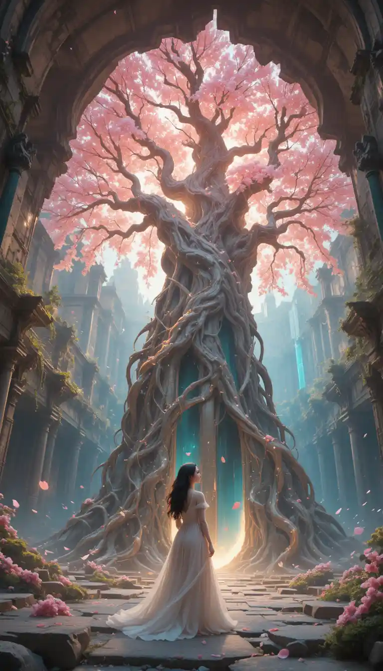 A colossal cherry blossom tree rising from an ancient courtyard fissure