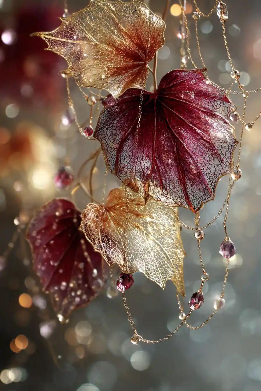 Fantasy Leaves Intertwine With Crystal Drops And Gold Lace At Dusk