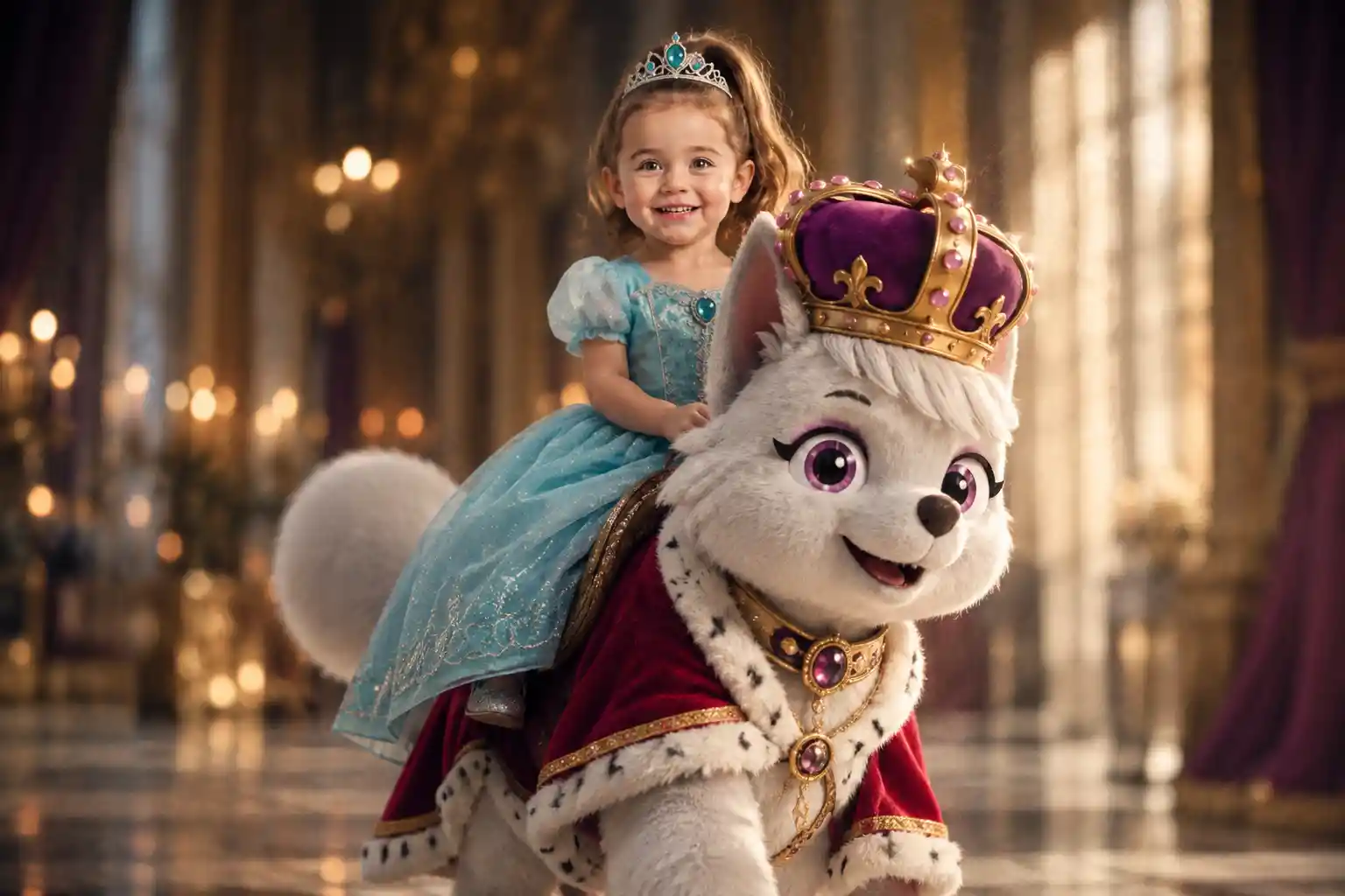 A Toddler Princess Riding On The Back Of A Dog Mascot