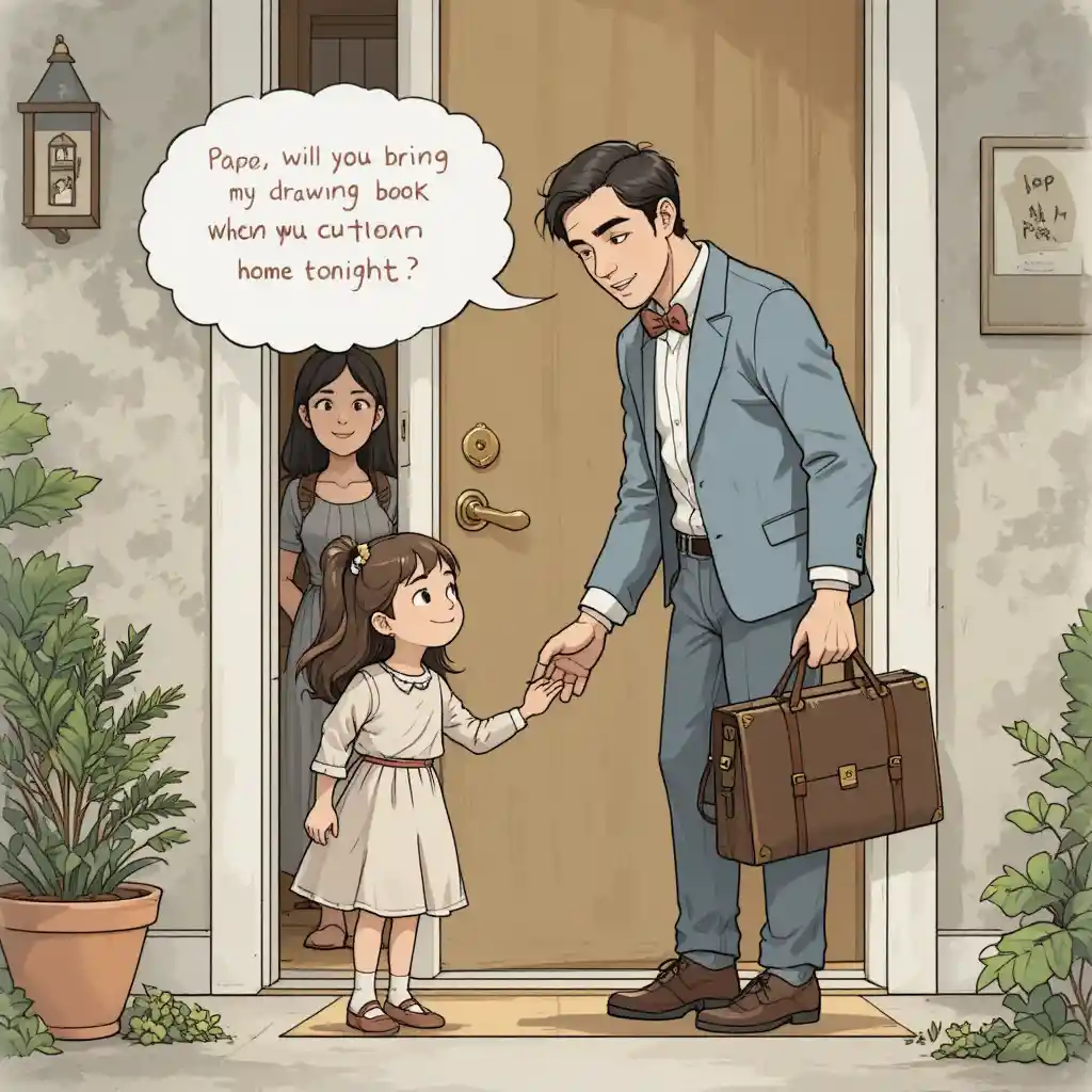 A Father Leaves Home as His Daughters Gather by the Door