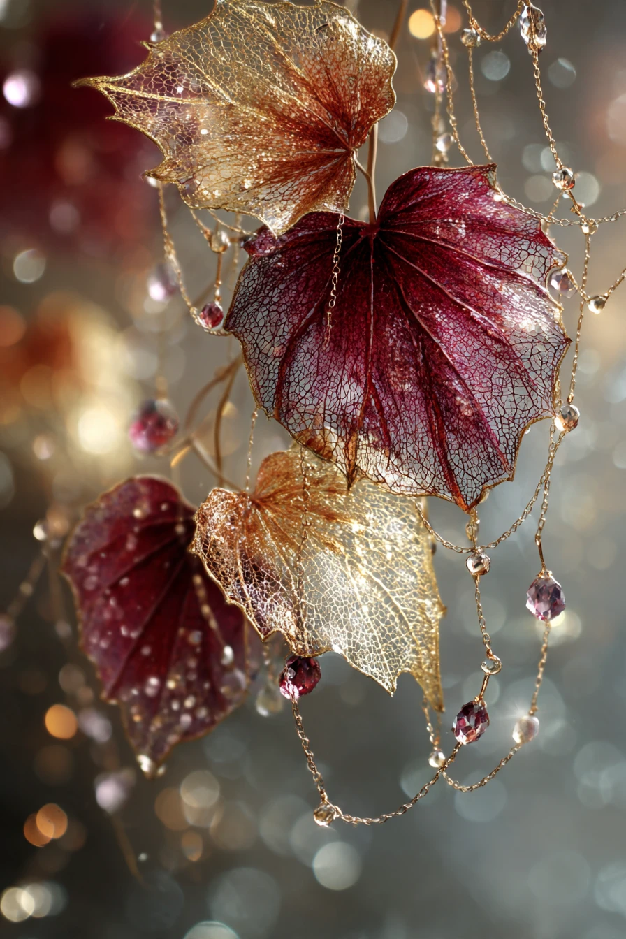 Fantasy Leaves Intertwine With Crystal Drops And Gold Lace At Dusk