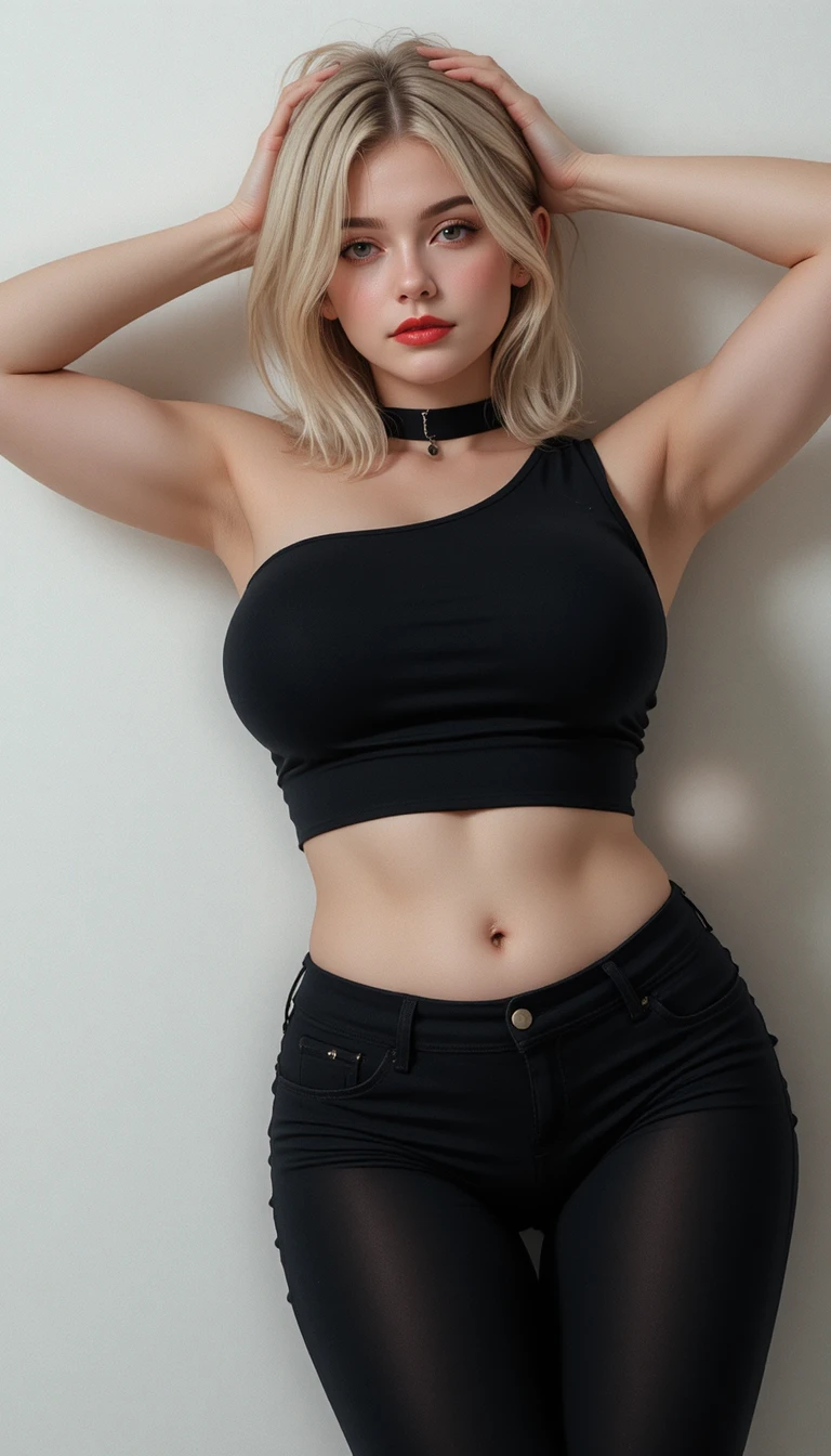 Eine blonde Frau lehnt sich für ein natürliches Porträt an eine weiße Wand