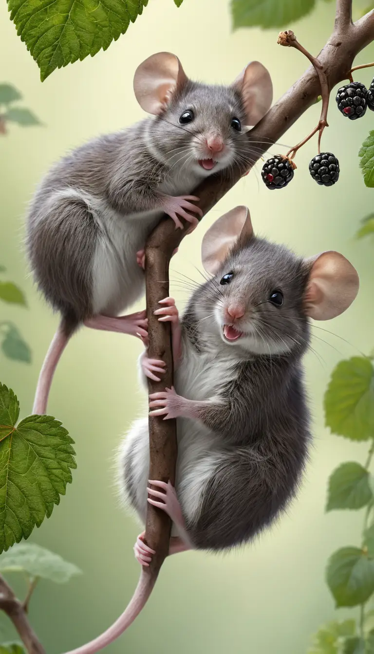 Two gray mice share a ripe blackberry on a thorny bush