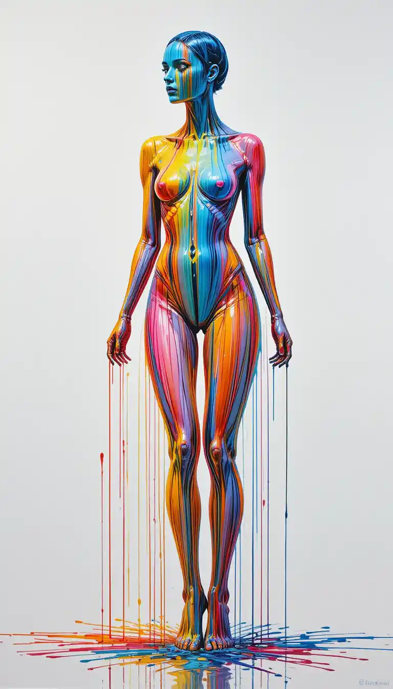 A Standing Woman Formed from Vivid Dripping Acrylic Paint