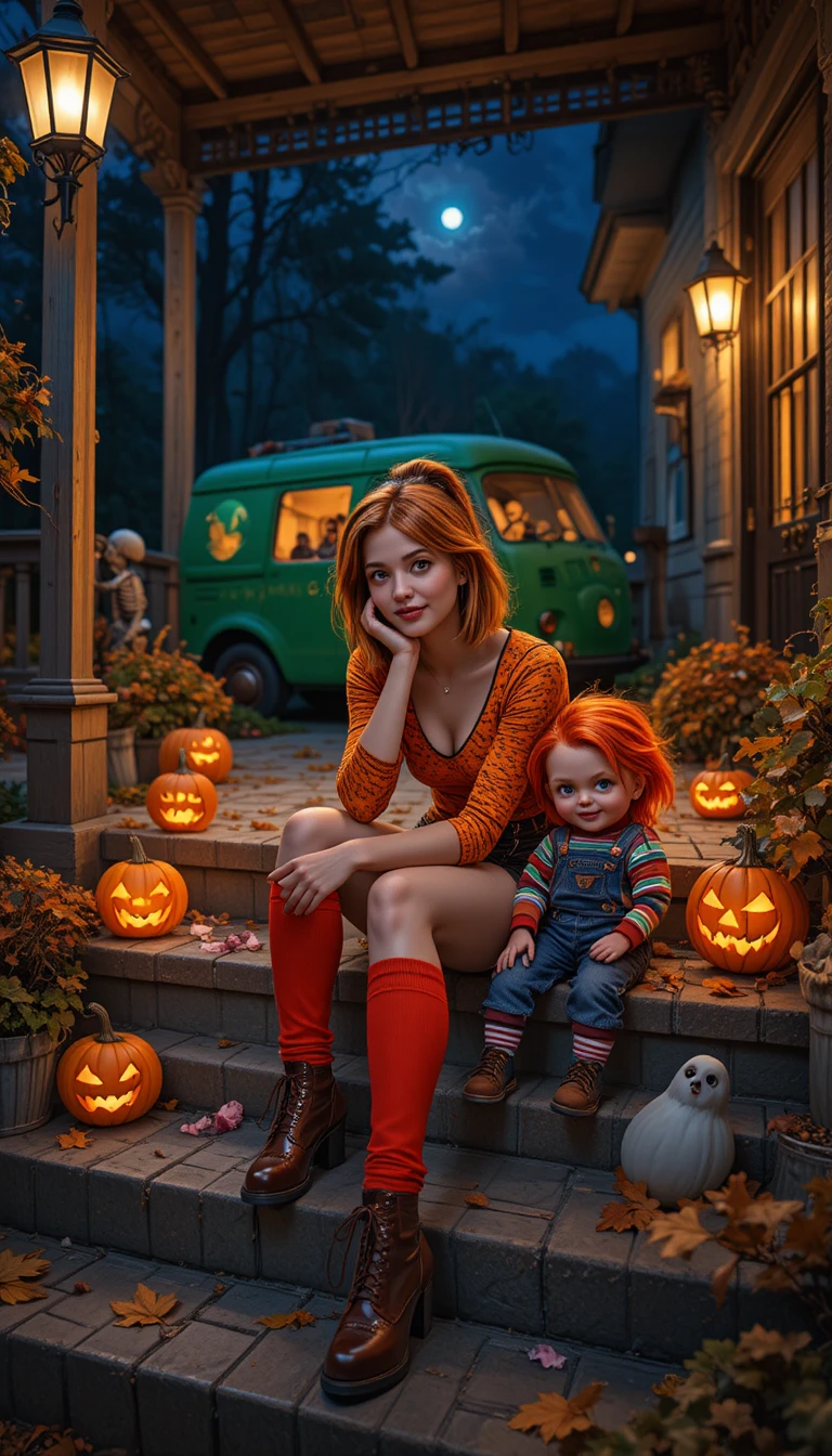A young woman sits on a house porch on Halloween night
