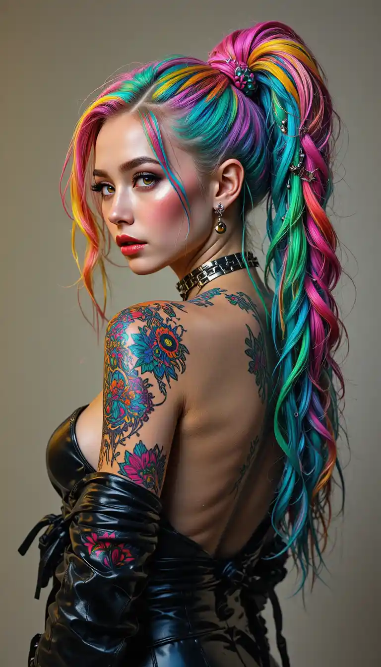 Young woman with rainbow braids looking back over her shoulder