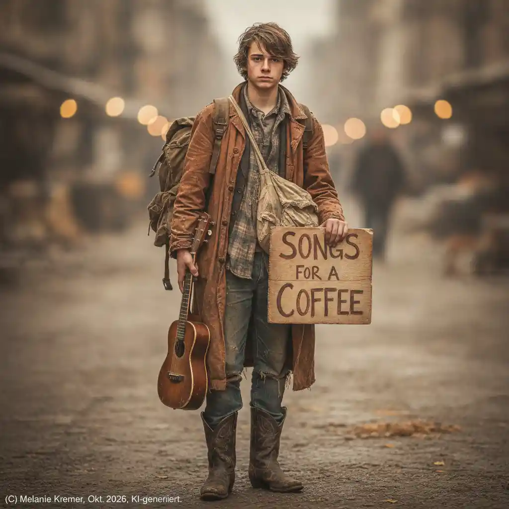 Young street musician holds a guitar and painted sign on a blurred market street