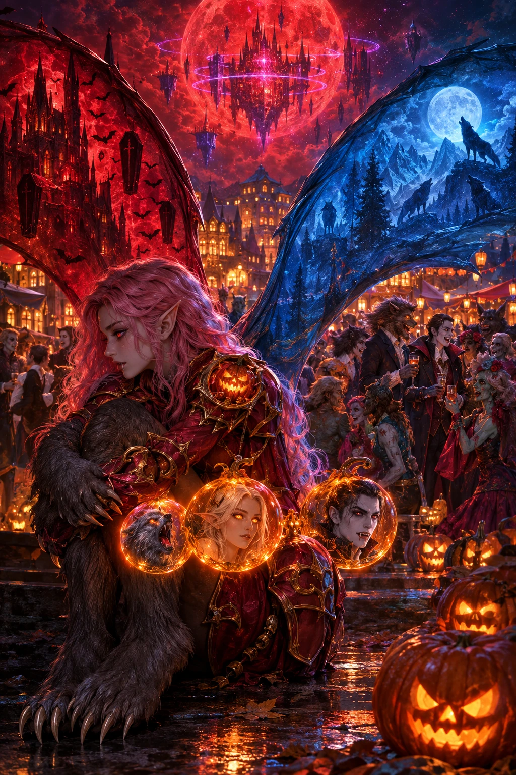 A young fantasy girl sits alone in crimson armor