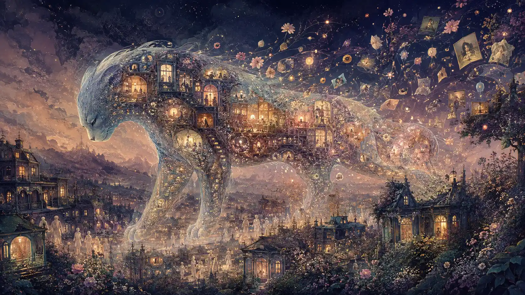 A gentle creature emerges from a vast misty landscape