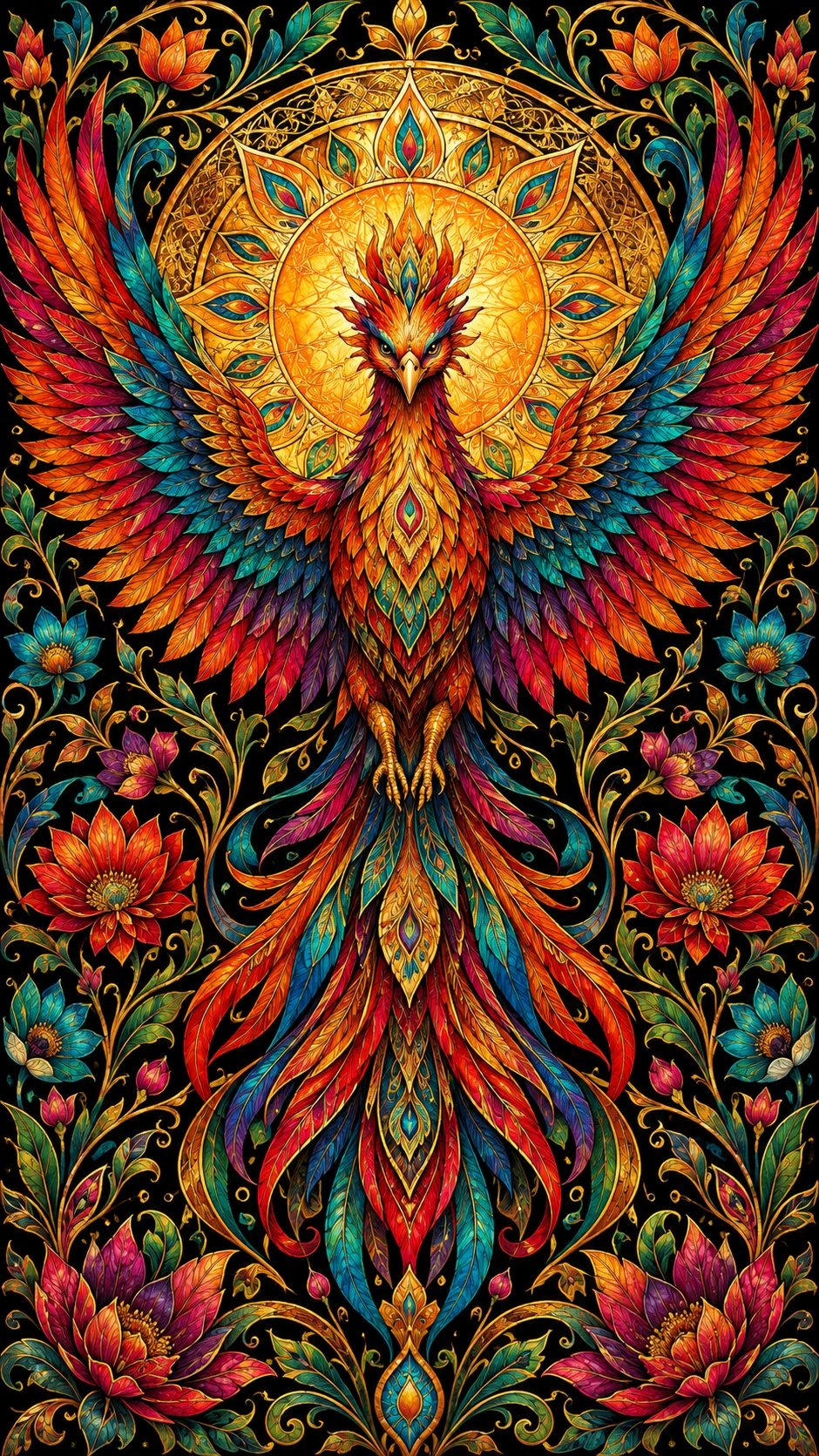 A vibrant phoenix spreads its wings before a golden mandala sun