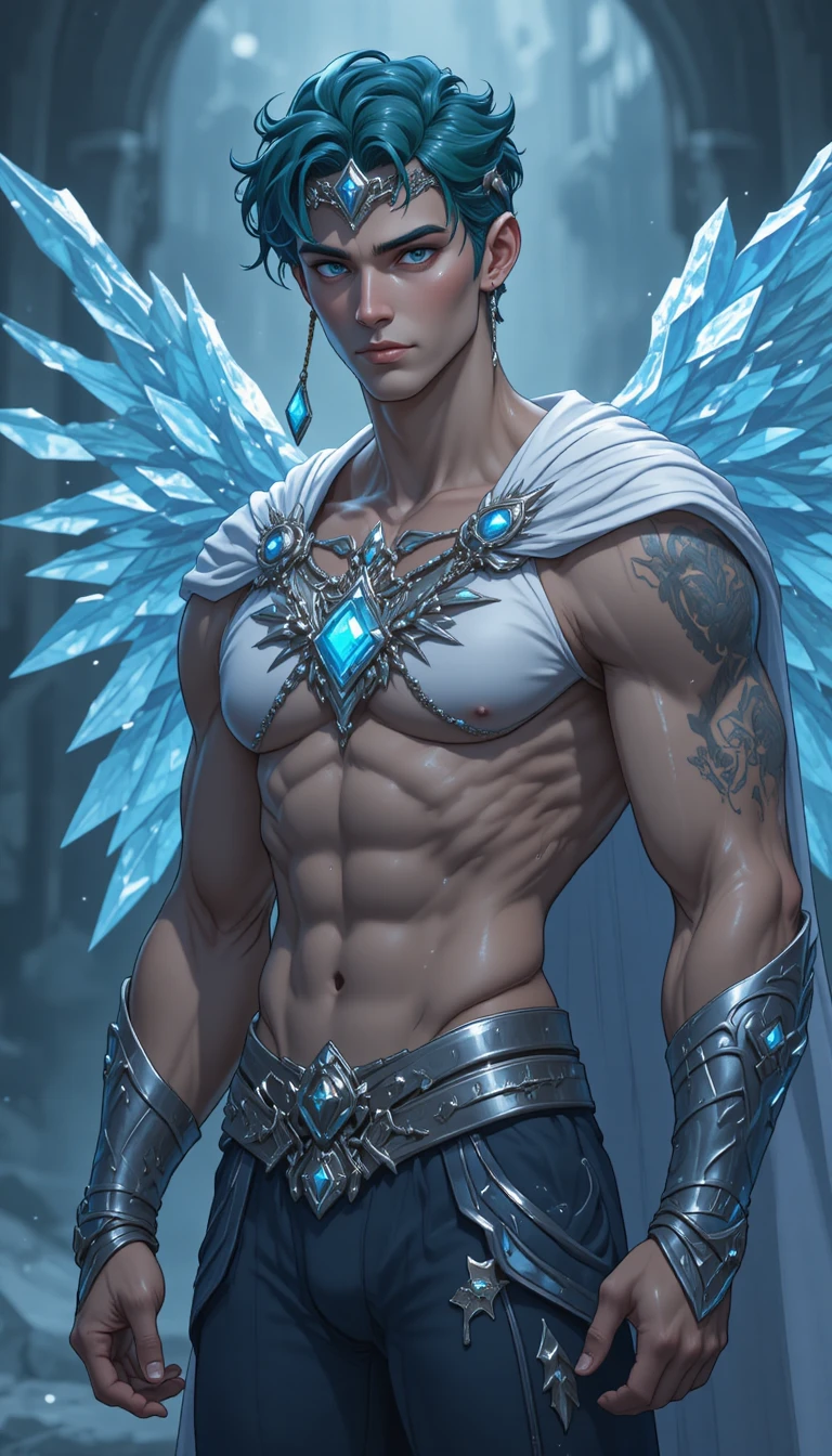 A fantasy man with icy valkyrie wings and silver armor