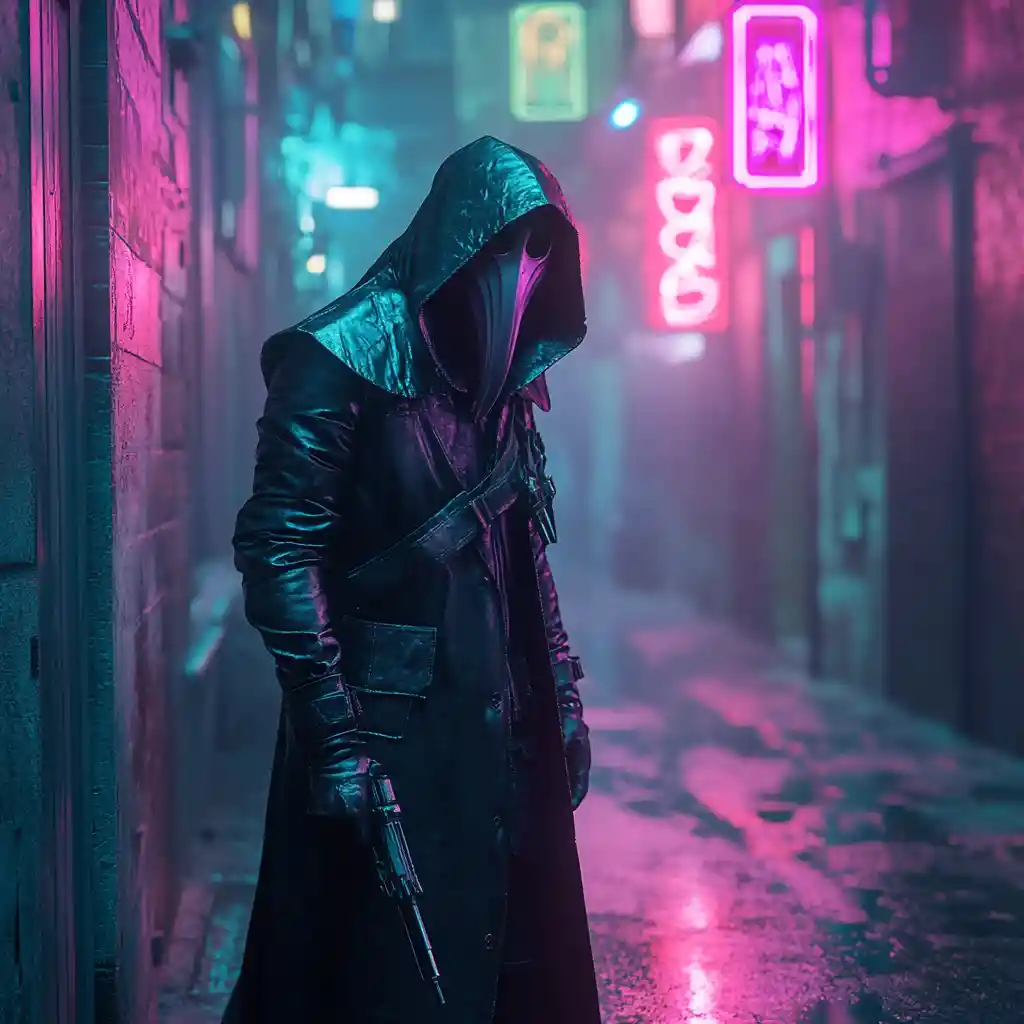 A plague doctor stands in a neon lit alley at night