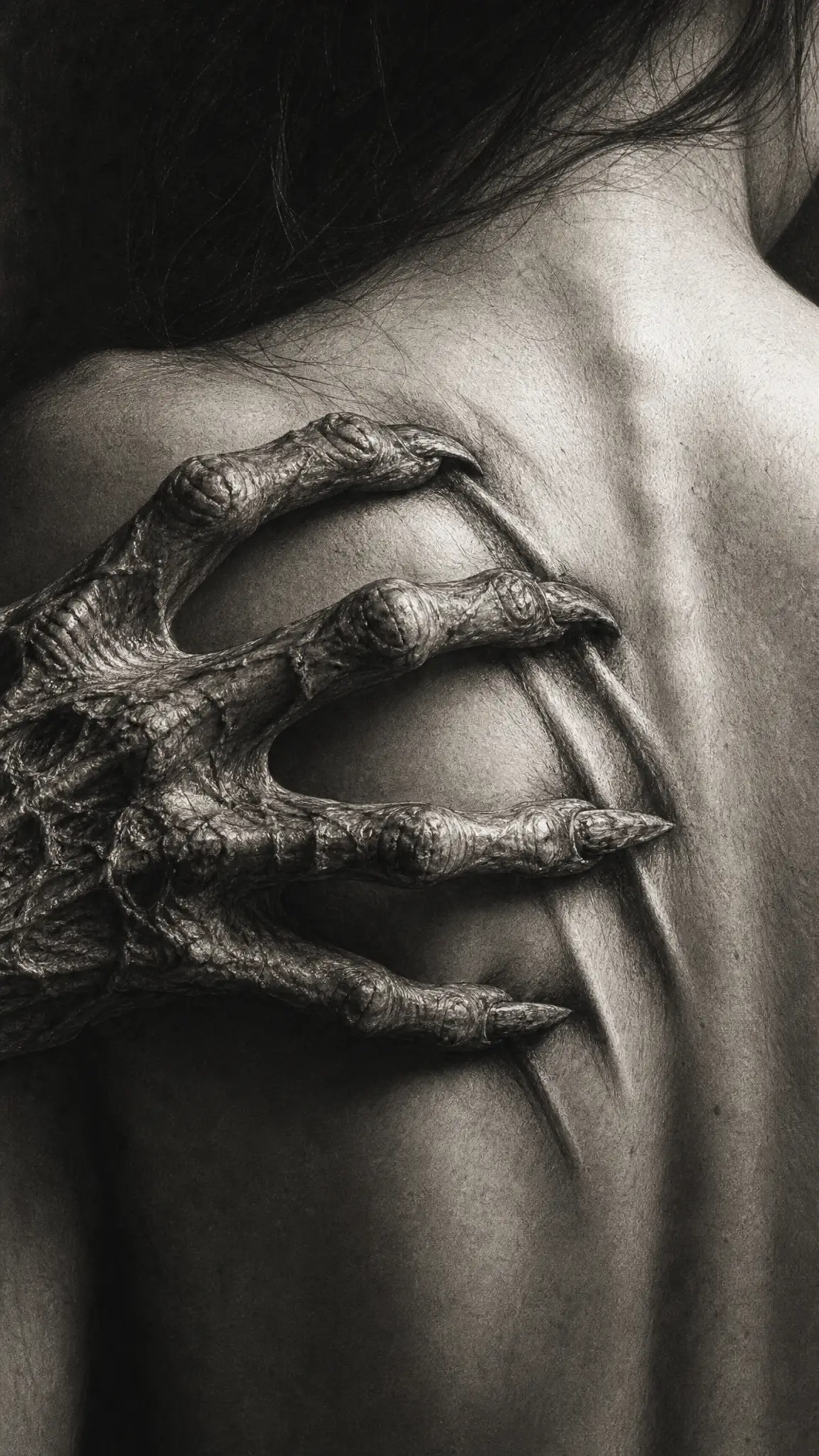 A Zombie Hand Scratches Across a Woman’s Bare Shoulder in Charcoal