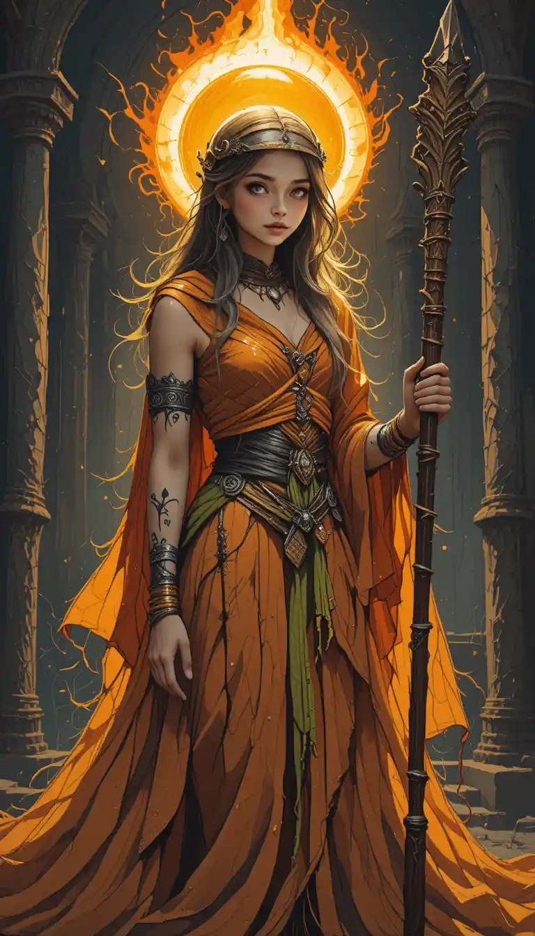 A young mystic warrior stands calmly within a dark temple